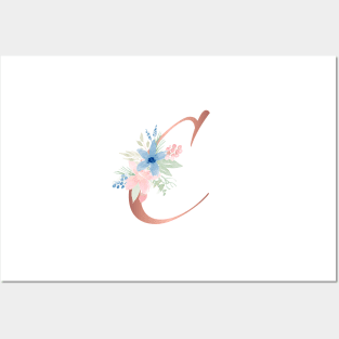 Letter C Rose Gold and Watercolor Blush Pink and Navy Posters and Art